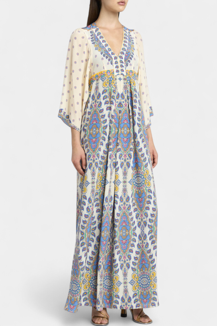 Robe de Mariée Longue avec Décolleté en V et Imprimé Paisley Élégant
