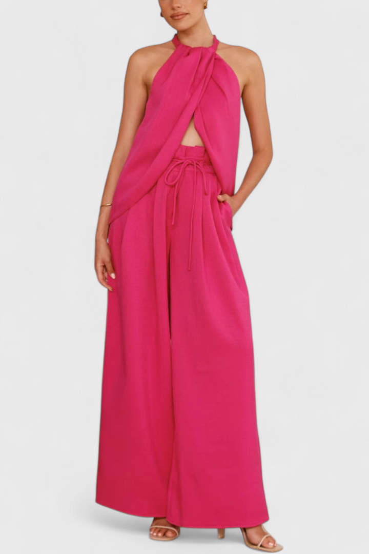 Ensemble Bernadina en Lin avec Top à Ouverture Frontale et Pantalon à Jambes Amples