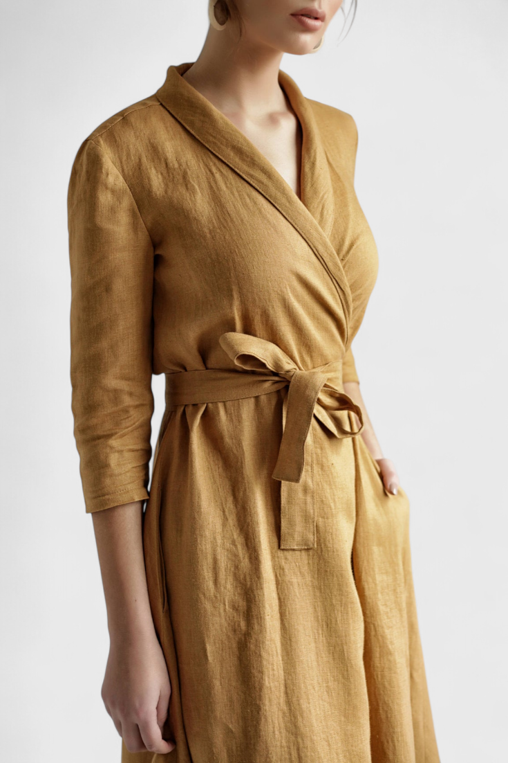 Robe Midi Vintage en Coton et Lin Sharon avec Col Revers