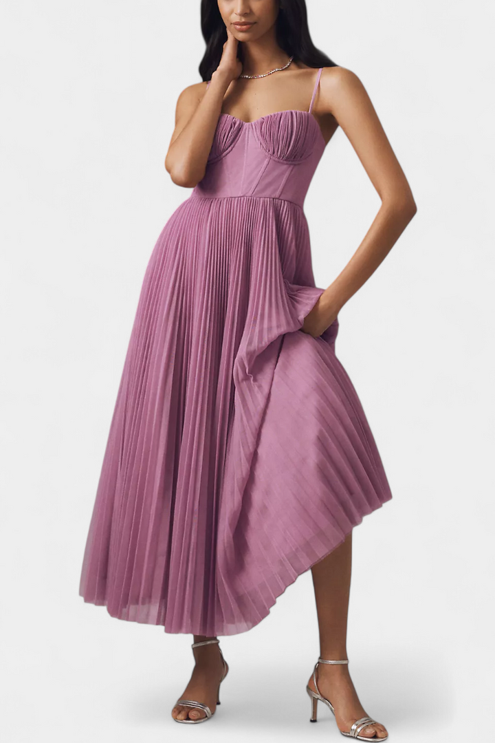 Ottilie Robe en Chiffon Plissé avec Corset Sculpté et Décolleté en Coeur