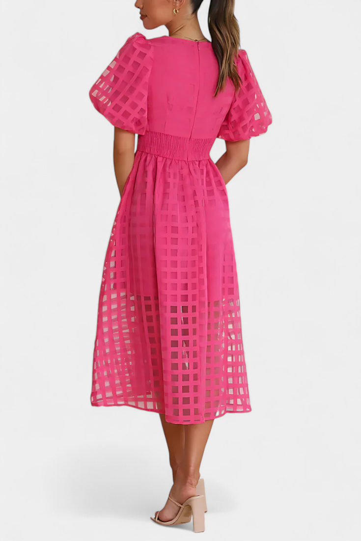 Robe Midi Marigold à Manches Bouffantes avec Motif à Carreaux