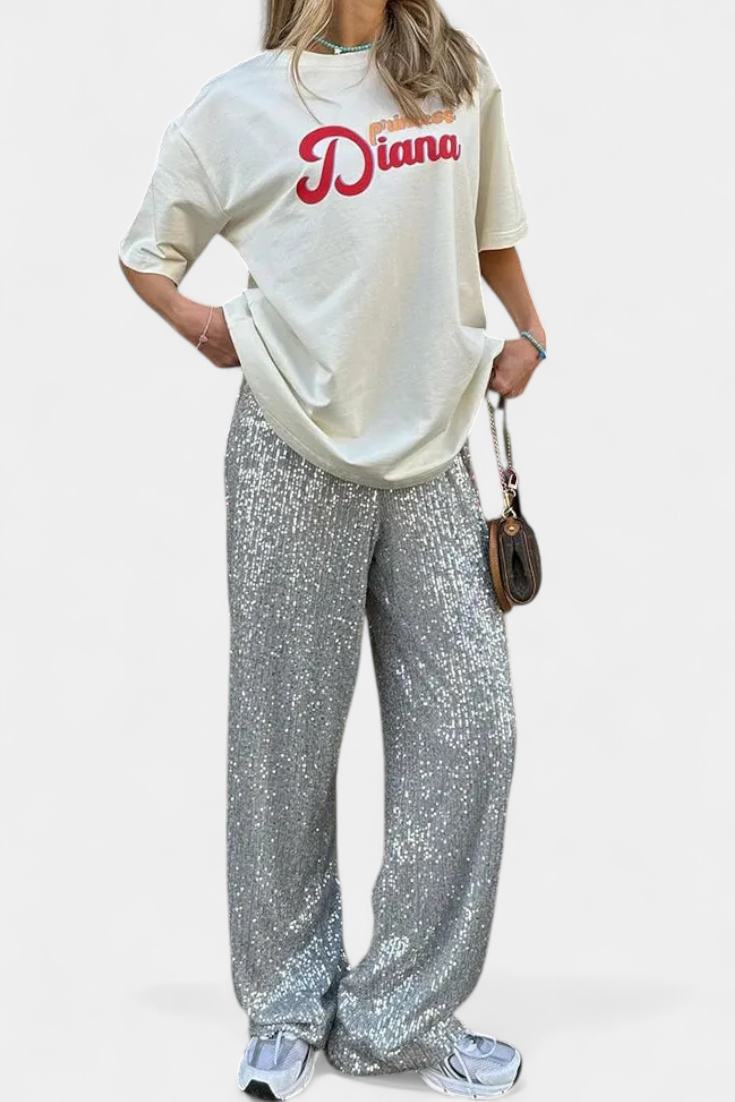 Elva Pantalons à Paillettes Taille Haute et Coupe Ample