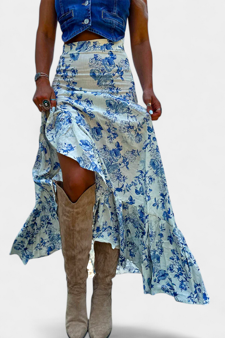 Jupe Maxi Florale Kala avec Fente et Volants
