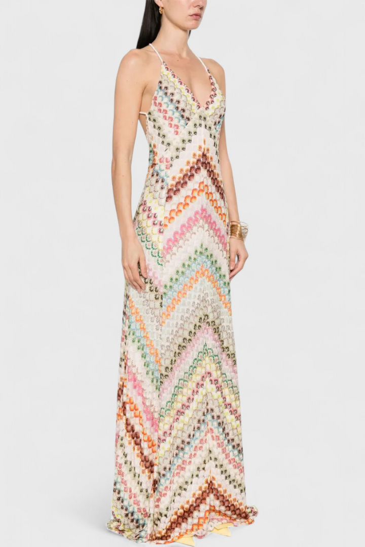 Robe Longue en Dentelle Agustina avec Décolleté en V et Motif Zigzag