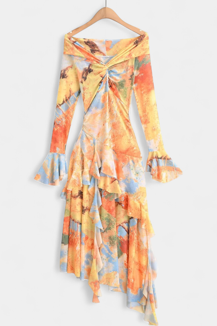 Agentha Robe Longue Asymétrique avec Imprimé Tie-Dye