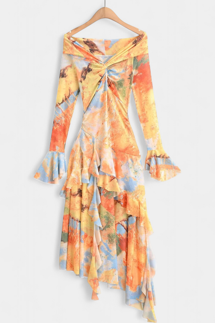 Agentha Robe Longue Asymétrique avec Imprimé Tie-Dye