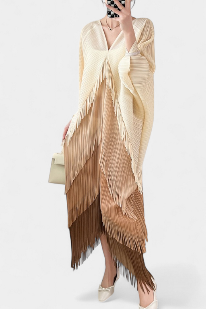 Andalousie Robe avec Franges et Blocs de Couleur Contrastés