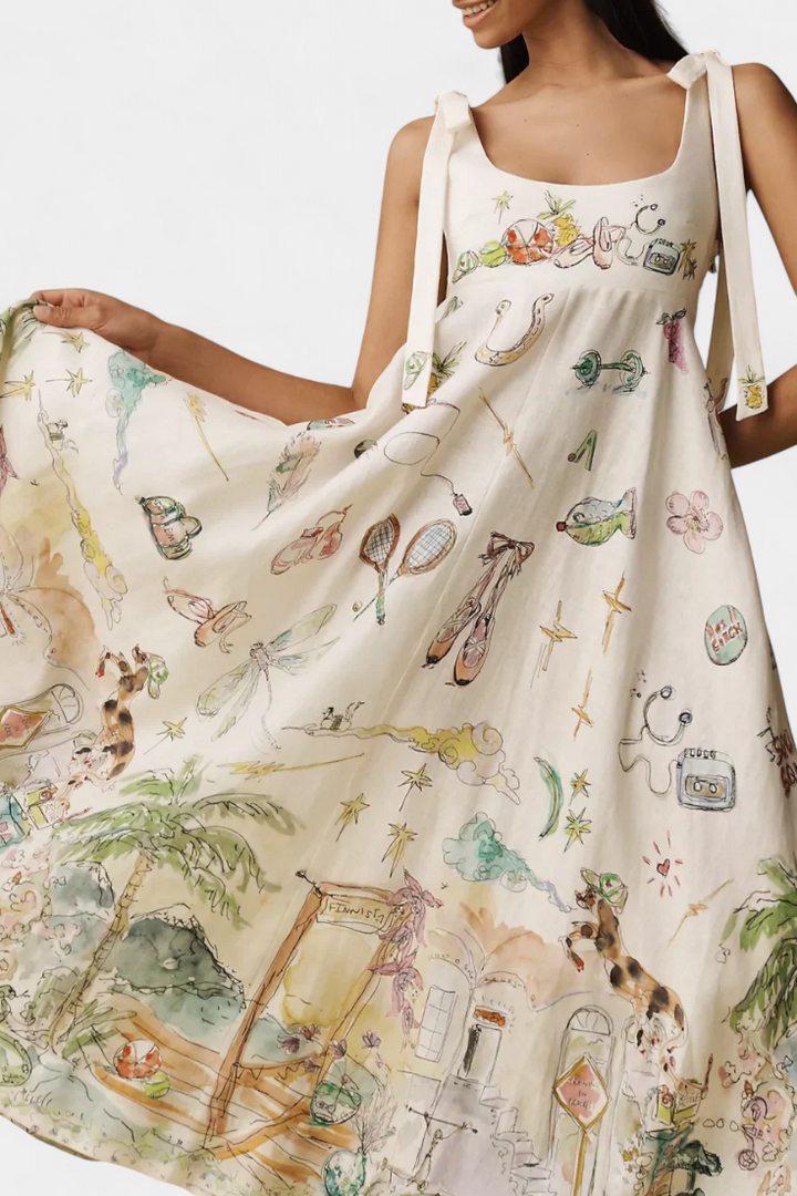 Robe Longue avec Lacets et Imprimé Floral Fantaisie