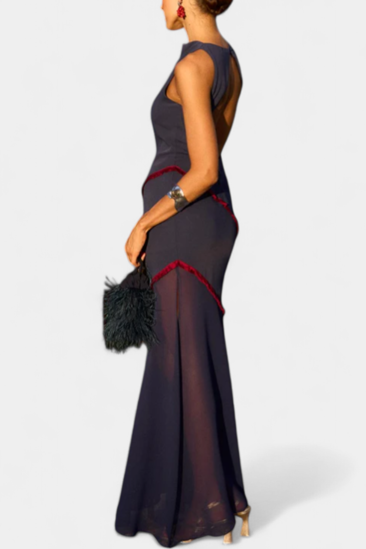 Robe Midi Bodycon Orfila avec Gaze et Franges Contrastées