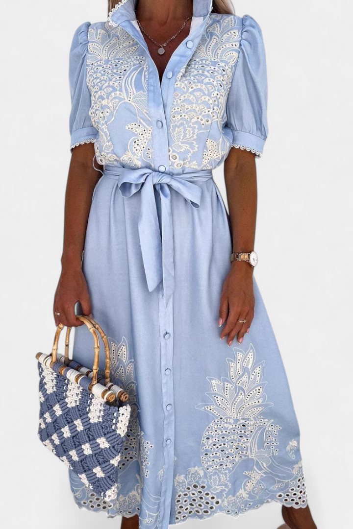 Nerea Robe Chemise Brodée avec Ceinture et Manches Bouffantes