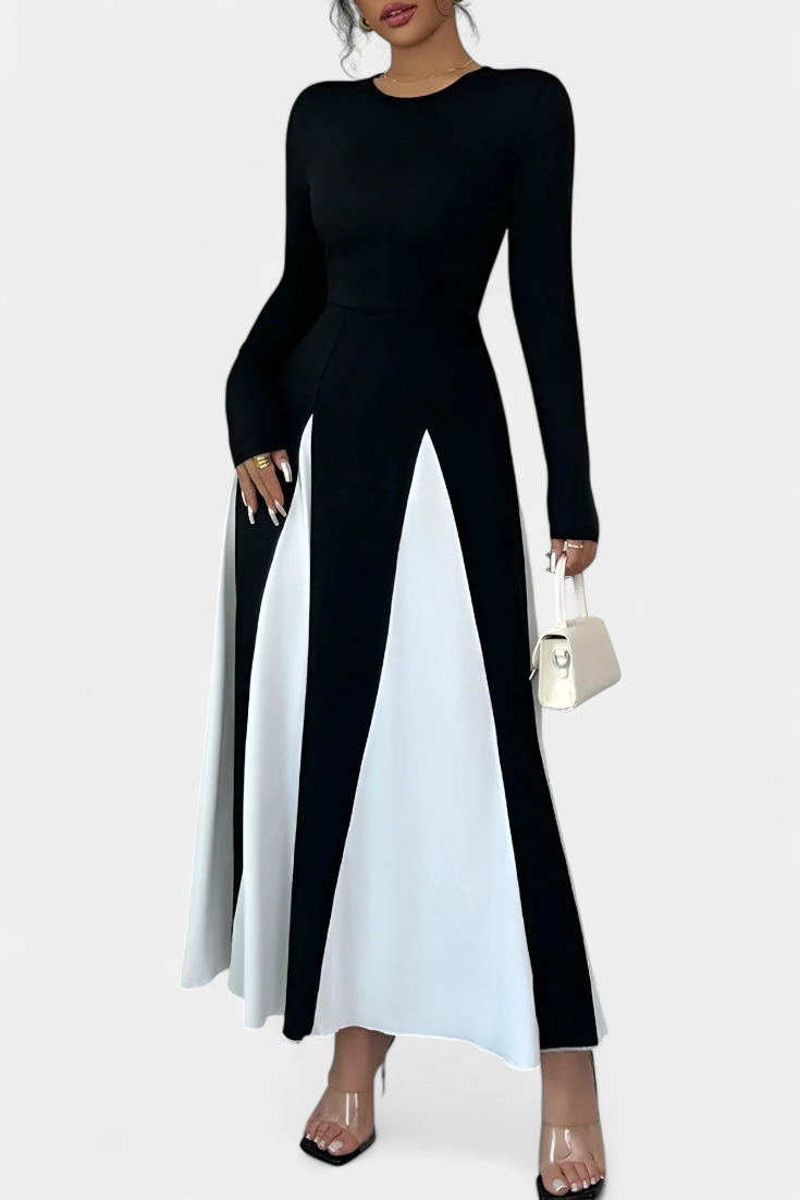 Veronique Robe Maxi à Manches Longues en Contraste de Couleur