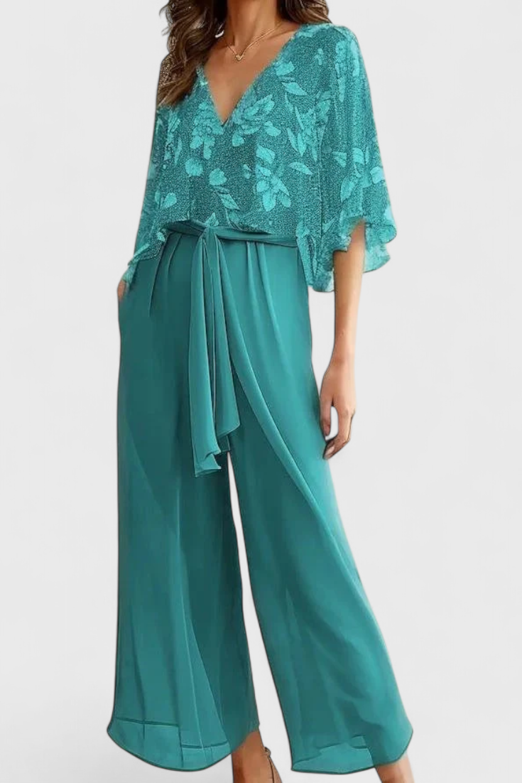 Ensemble Texturé Claribel de Deux Pièces avec Décolleté en V et Jambe Large
