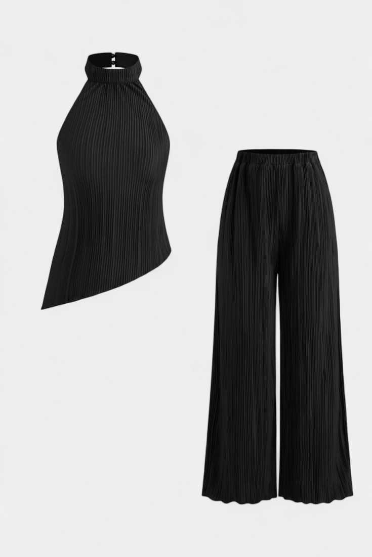 Ensemble Pilarica Plissé avec Top Asymétrique Halter et Pantalon Fluide