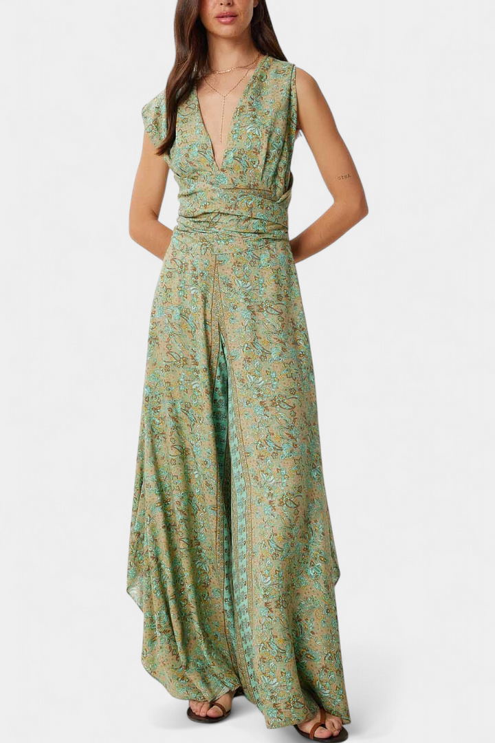 Mono Leandra Fluide Croisé avec Imprimé Floral Vert