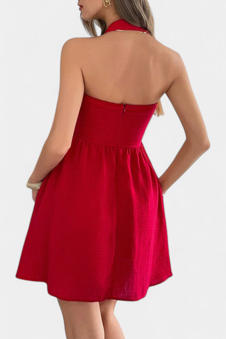 Robe Mini Halter Kassandra avec Dos Nu et Silhouette Évasée