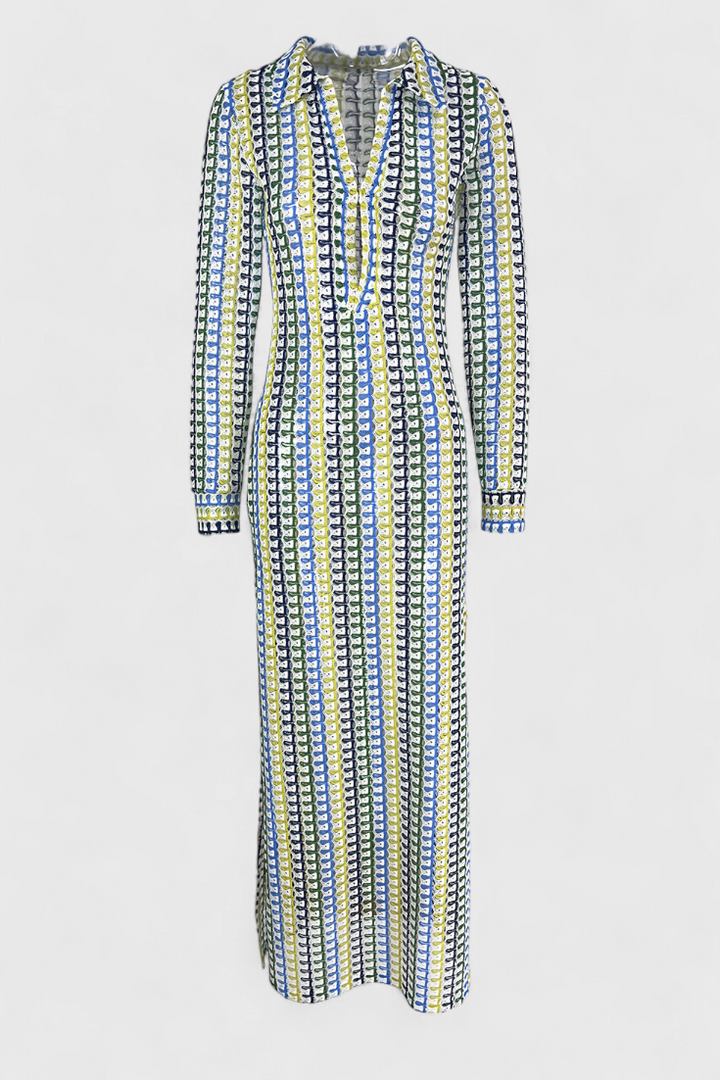 Robe Longue Crisanta Imprimée avec des Ondes Multicolores et Manches Longues