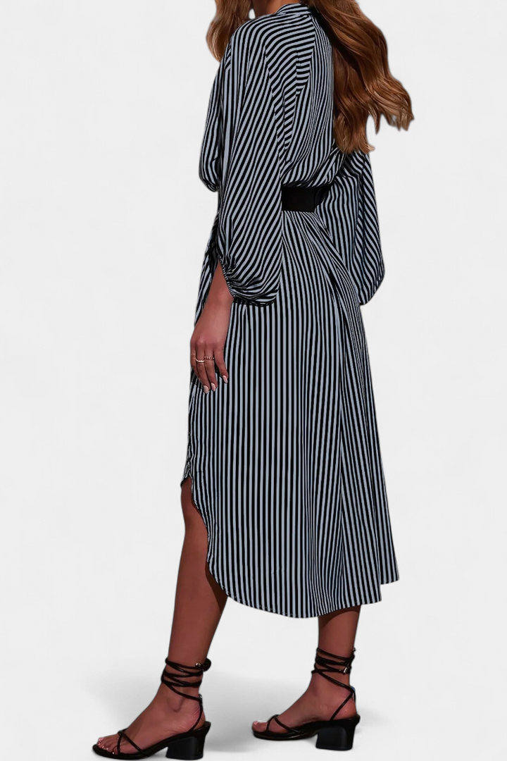 Eliana Robe Rayée avec Ceinture et Col en V