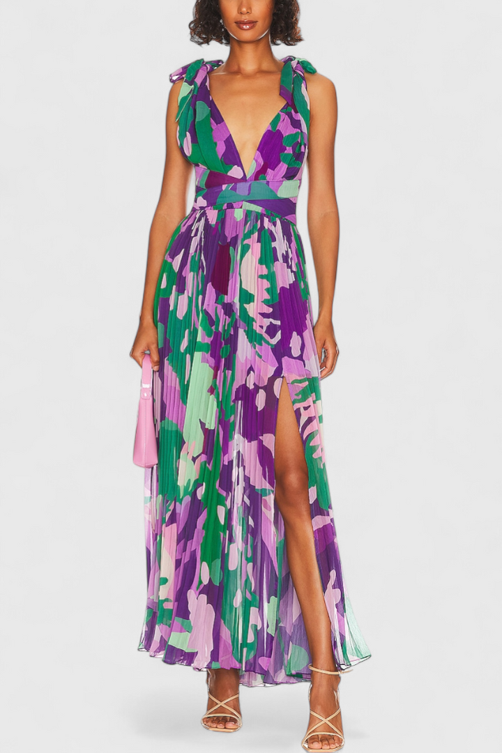 Robe Longue Plissée Cecil avec Imprimé Aquarelle et Dos Nu