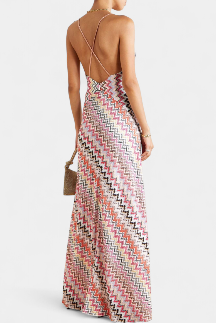 Robe Longue en Tricot Multicolore avec Décolleté Profond et Dos Croisé