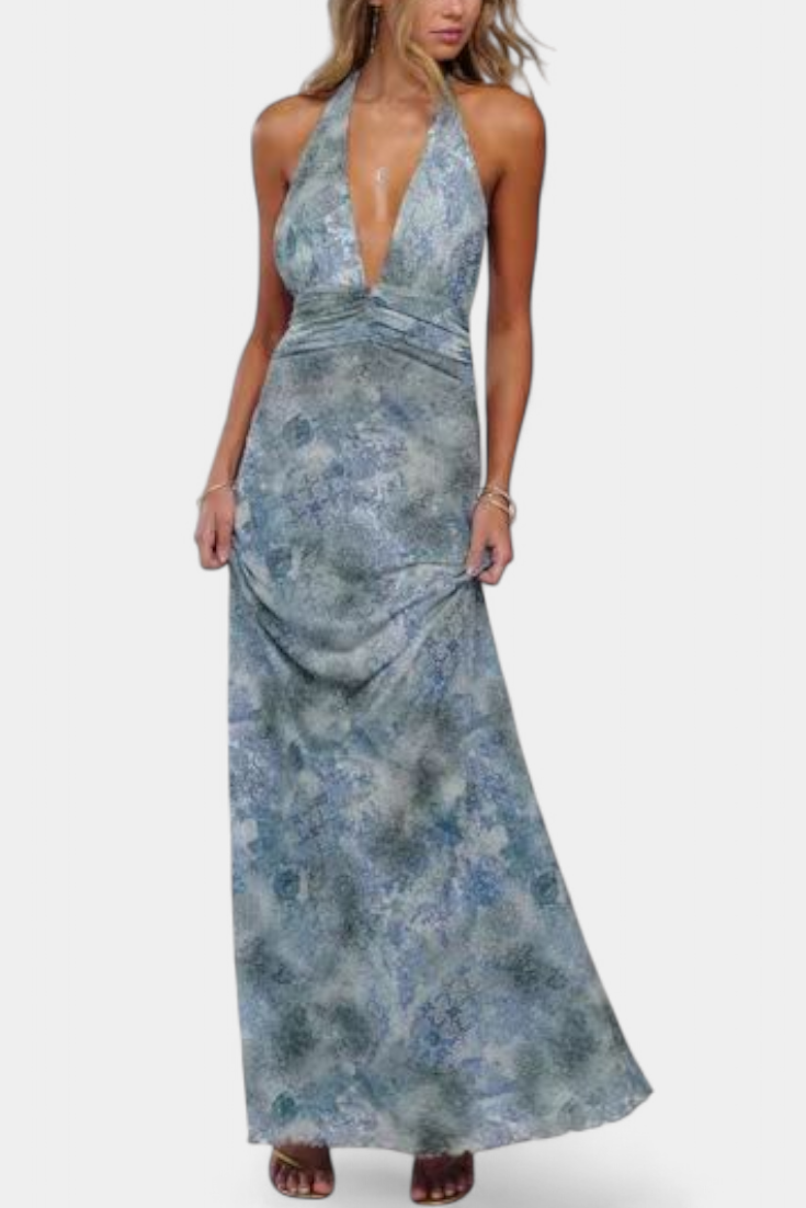 Robe Maxi à Pois Melodía avec Décolleté Halter et Taille Froncée