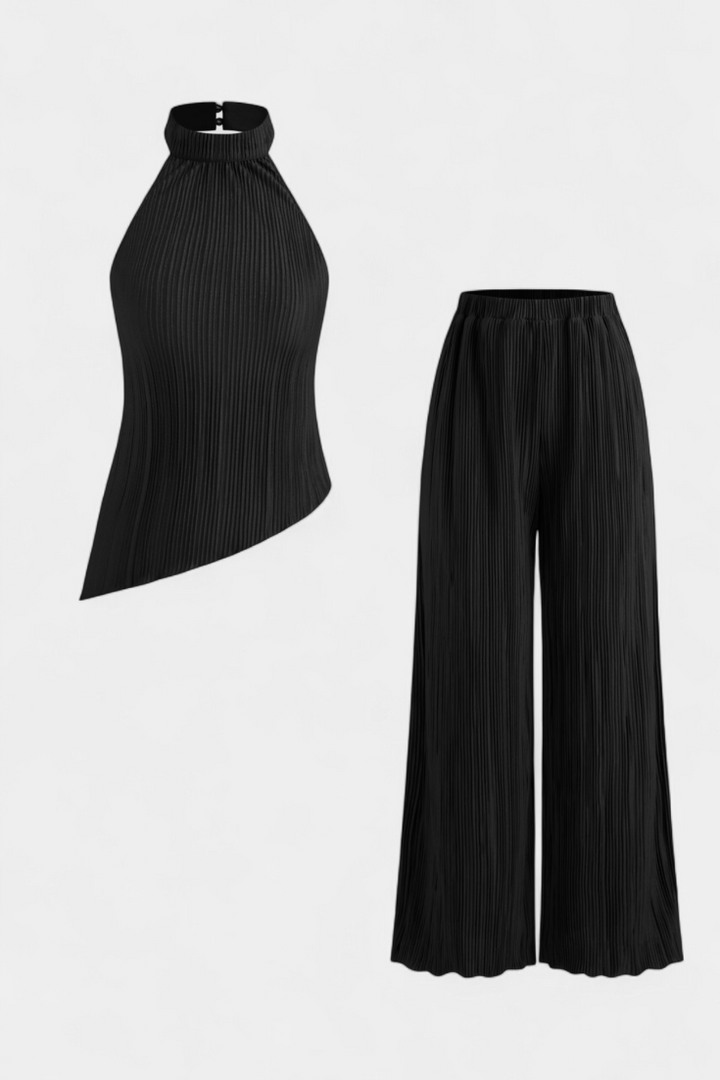 Ensemble Plissé Pilarica avec Top Asymétrique Halter et Pantalon Fluide