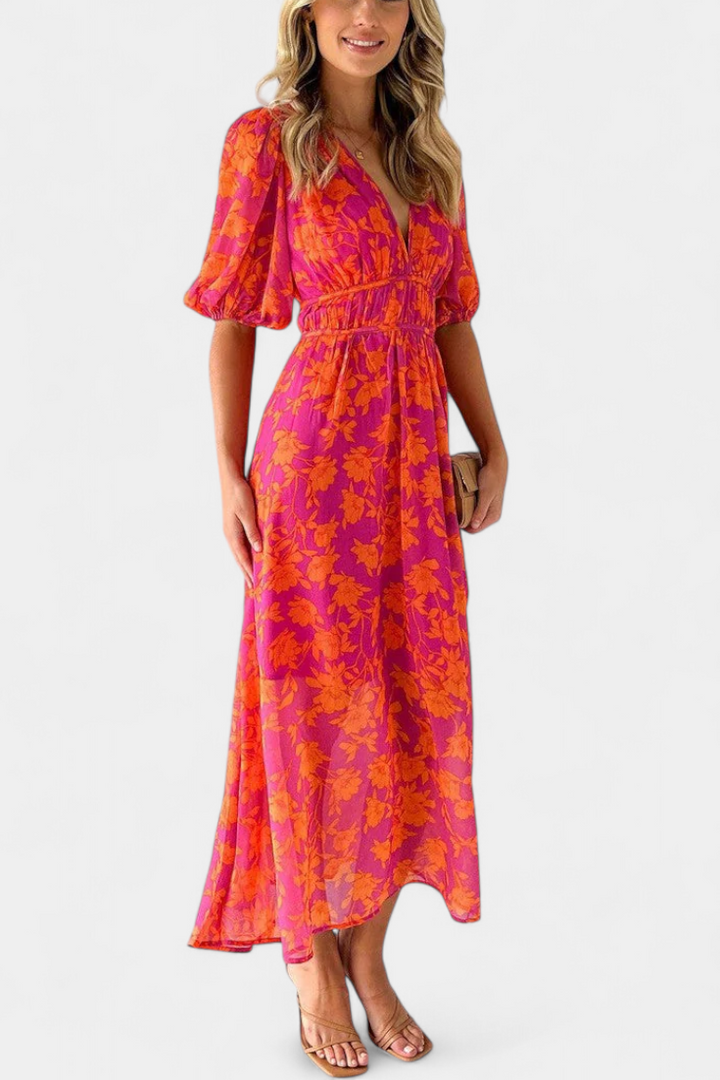 Robe Midi Fleurie Wren avec Décolleté en V et Manches Bouffantes
