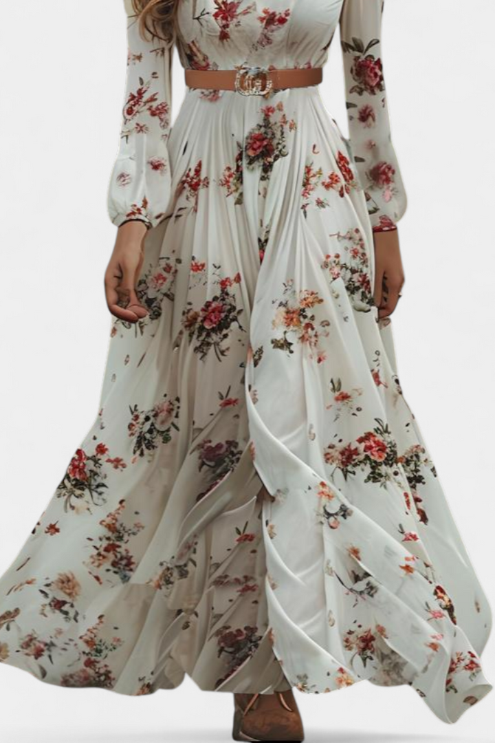 Robe Maxi Florale Amanda avec Col en V et Manches Longues