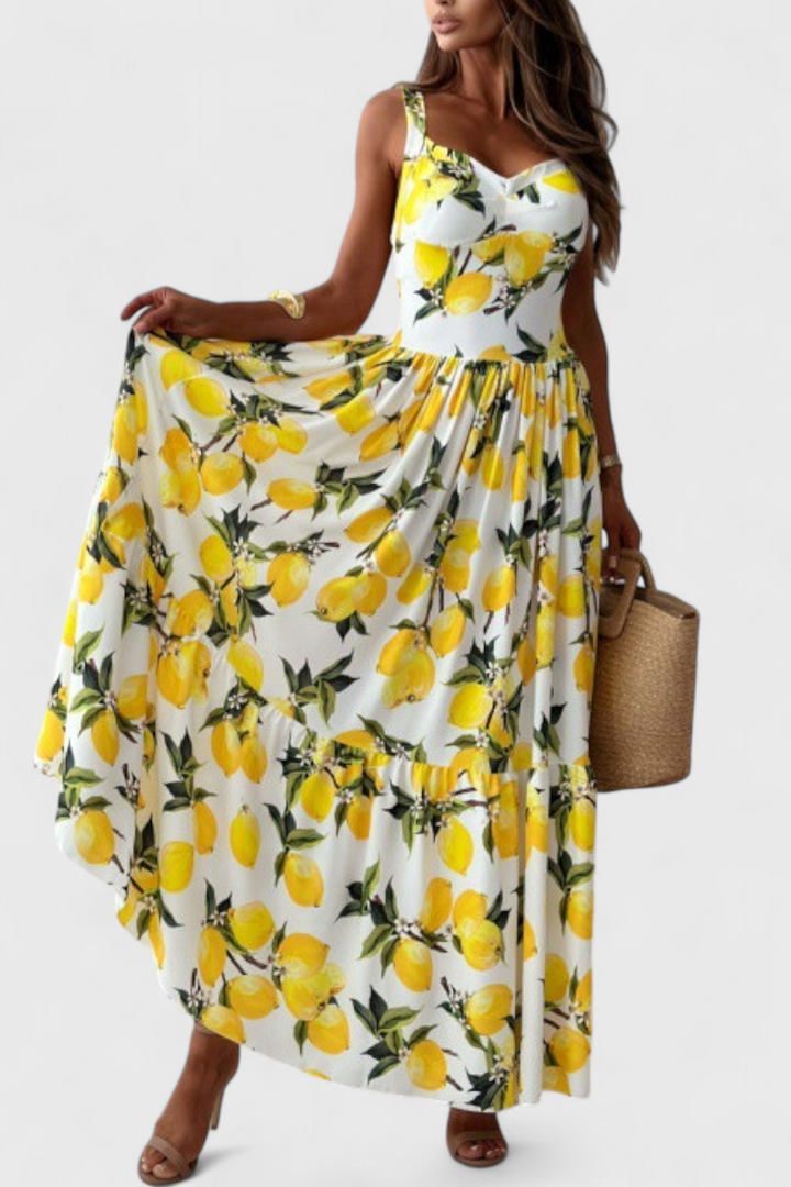 Robe Maxi Imprimée de Citrons Huda avec Bretelles et Fente Latérale