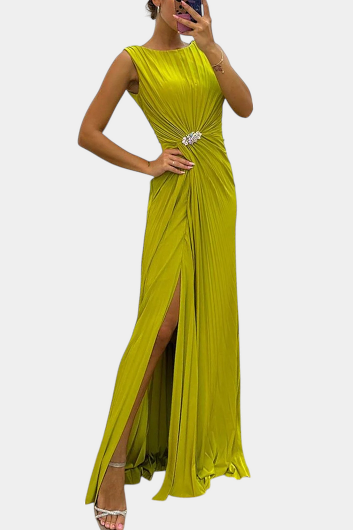 Robe Maxi Plissée Shiloh avec Fente Latérale et Décolleté Croisé