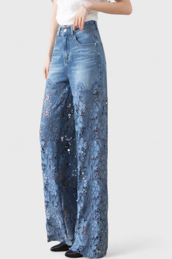 Pantalon Palazzo en Denim avec Broderie Florale Jasiel