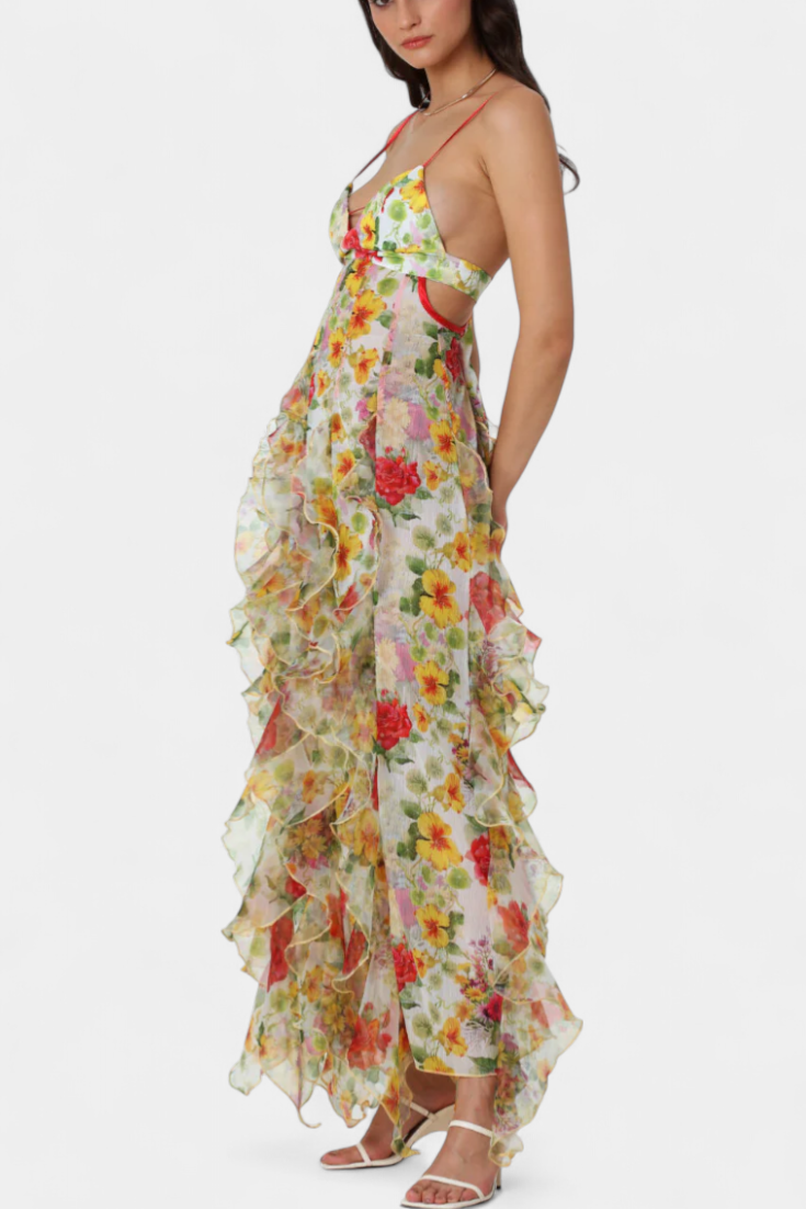 Robe Maxi Bonnie avec Volants Floraux et Découpe Latérale