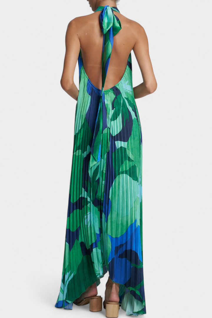 Giselle Robe Longue Plissée avec Décolleté Halter et Mouvement Élégant
