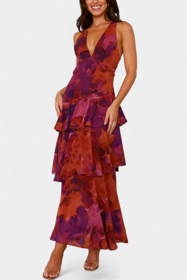 Robe Domenica en Georgette avec Décolleté en V et Couches Fluides