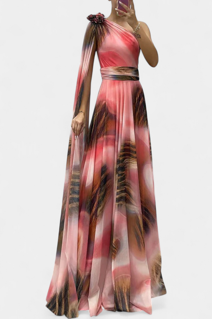 Robe Longue Cedara à Une Épaule avec Détail Floral