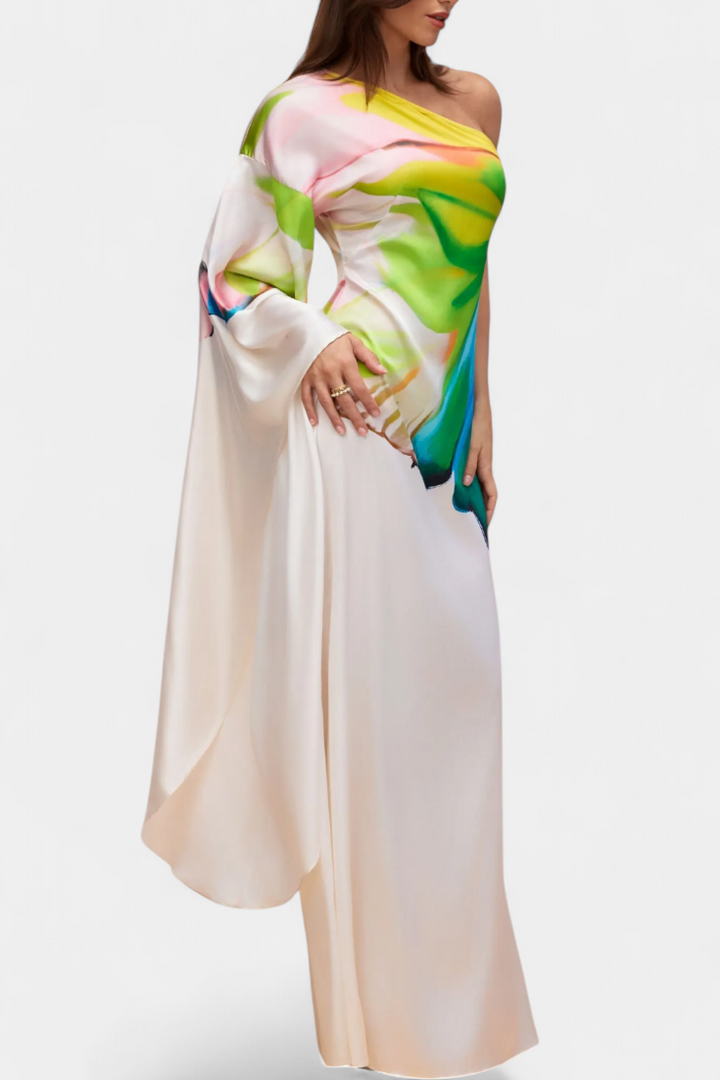 Robe Longue Asymétrique Beryl à Une Seule Manche avec Imprimé Moderne