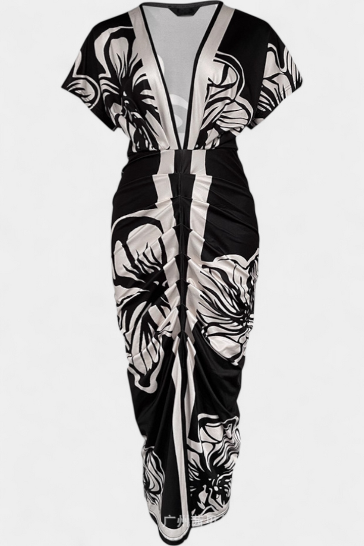 Robe Diva Longue avec Imprimé Floral, Décolleté en V et Fente Latérale