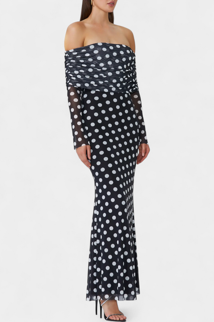 Elinda Robe Longue Off-Shoulder à Pois