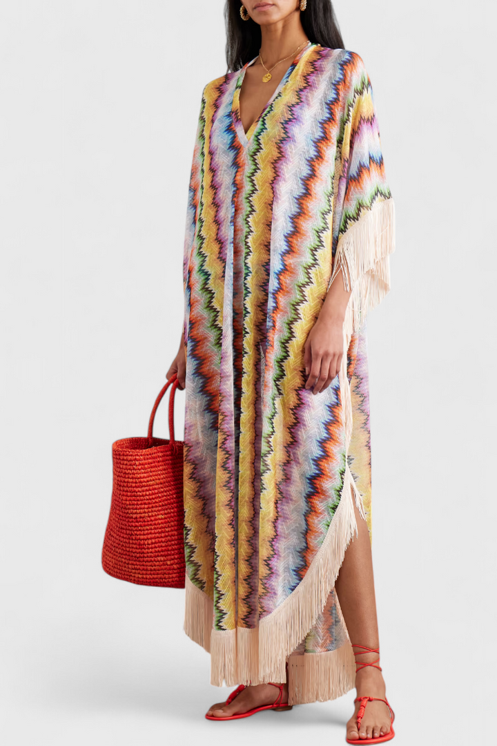 Kaftan Imelda en Crochet avec Franges Décoratives et Coupe Ample