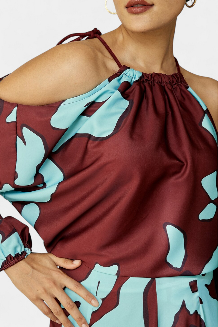 Robe Longue Monte avec Ouvertures aux Manches et Imprimé Abstrait