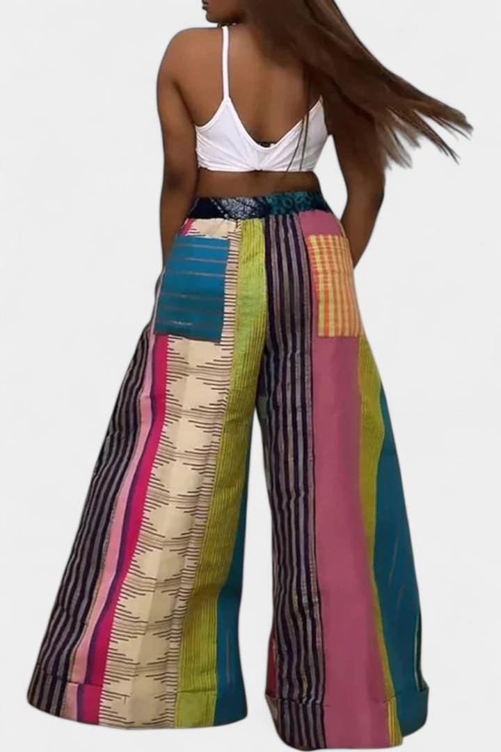 Pantalons Claudine Casual à Jambe Large avec Imprimé Rayé