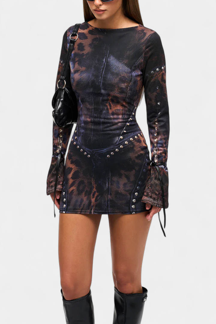 Robe Mini Tabea avec Manches Évasées et Imprimé Illusion