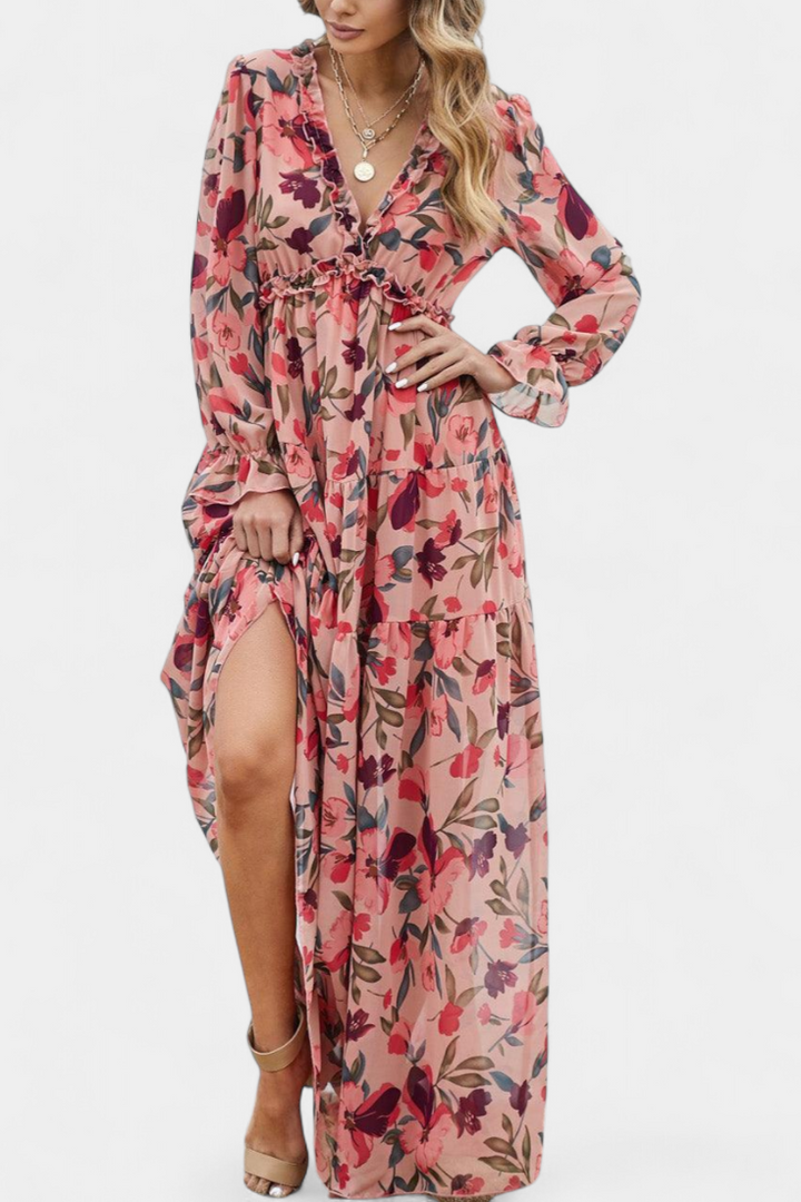 Robe Maxi Fleurie Keti avec Manches Longues et Volants Délicats