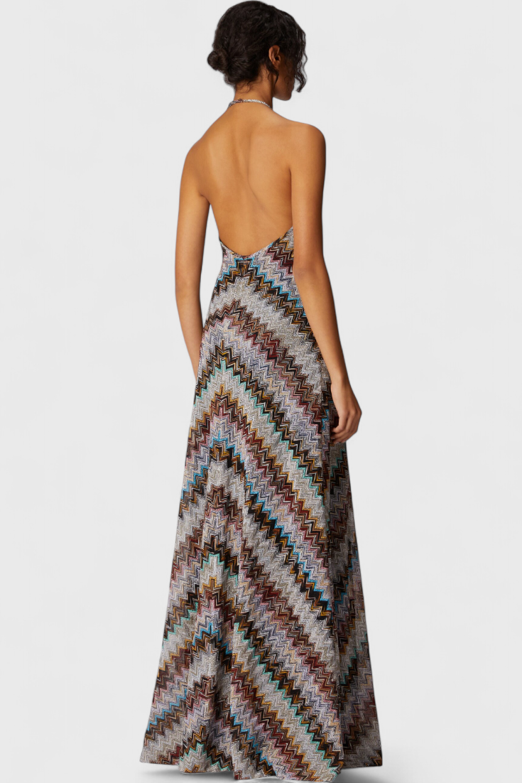 Robe Longue Halter Melisa avec Zigzag Lamé et Fini Iridescent