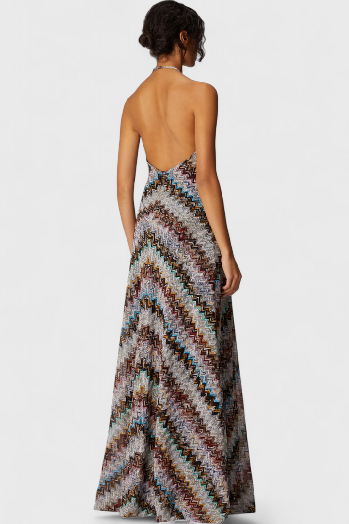 Robe Longue Halter Melisa avec Zigzag Lamé et Fini Iridescent