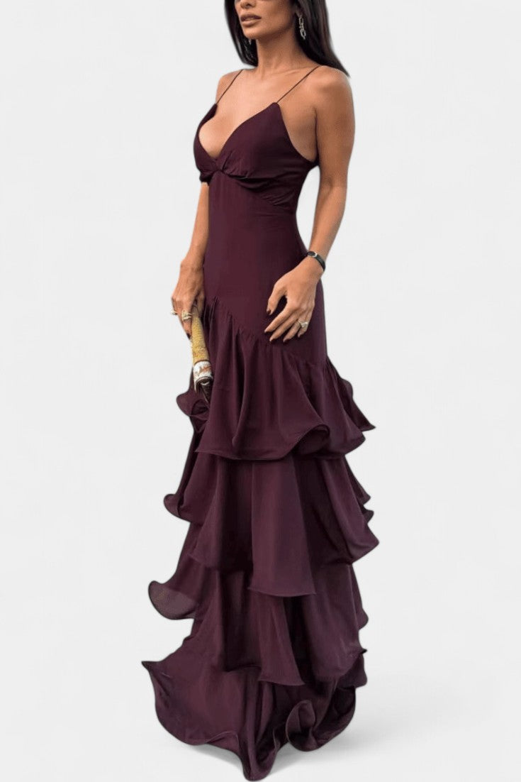Robe Maxi Atlana Bordeaux avec Volants en Couches