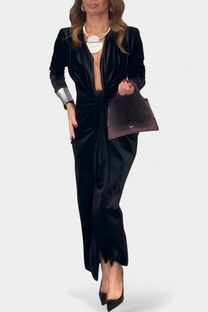 LaVerna Robe Longue en Velours Doré avec Col en V