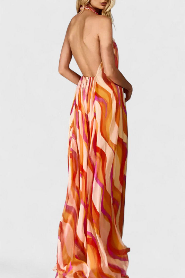 Robe Maxi Halter Remi avec Imprimé Ondulé et Tressé Élégant