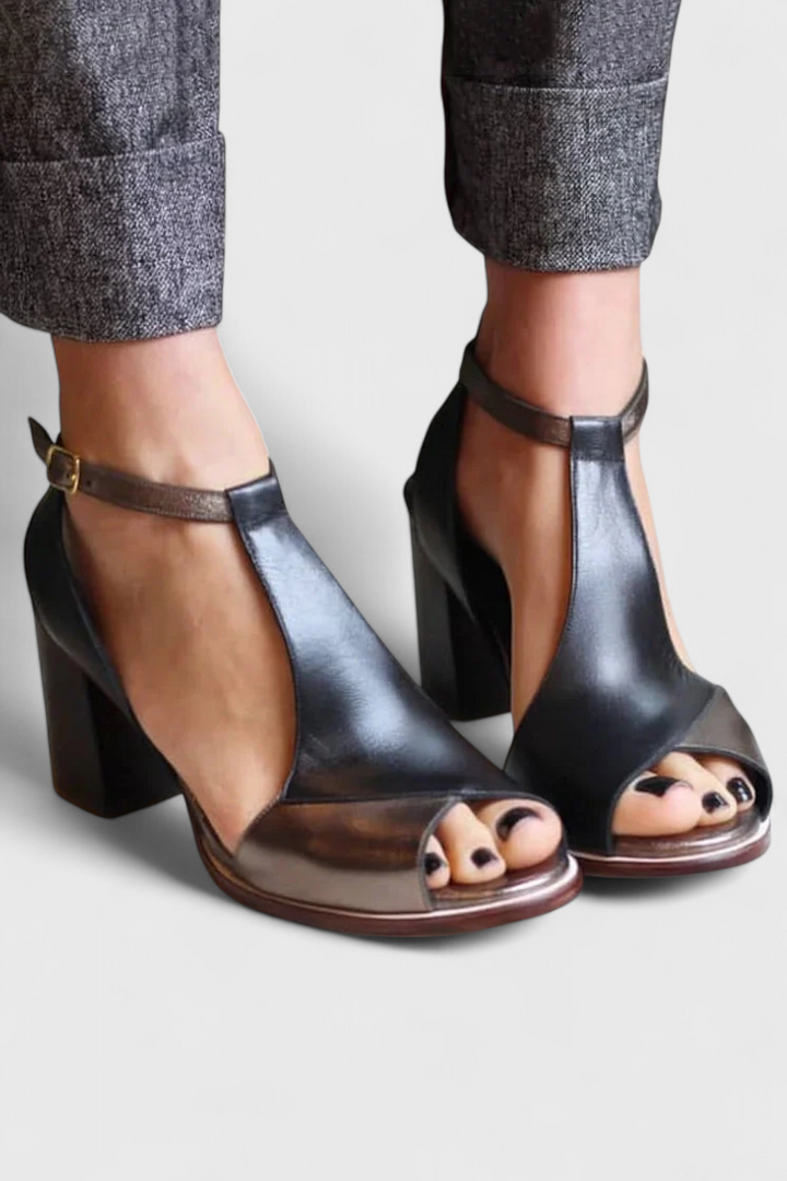 Vasilica Talons Épais avec Bout Ouvert, Patchwork et Sangle à la Cheville