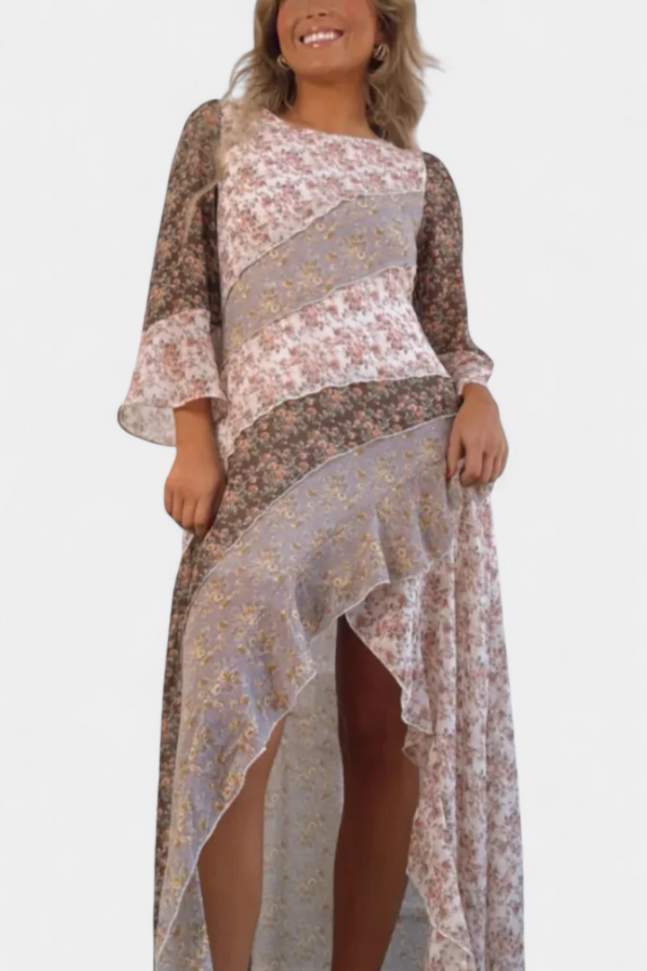 Ruth Robe Longue Florale avec Manches 3/4 et Volants