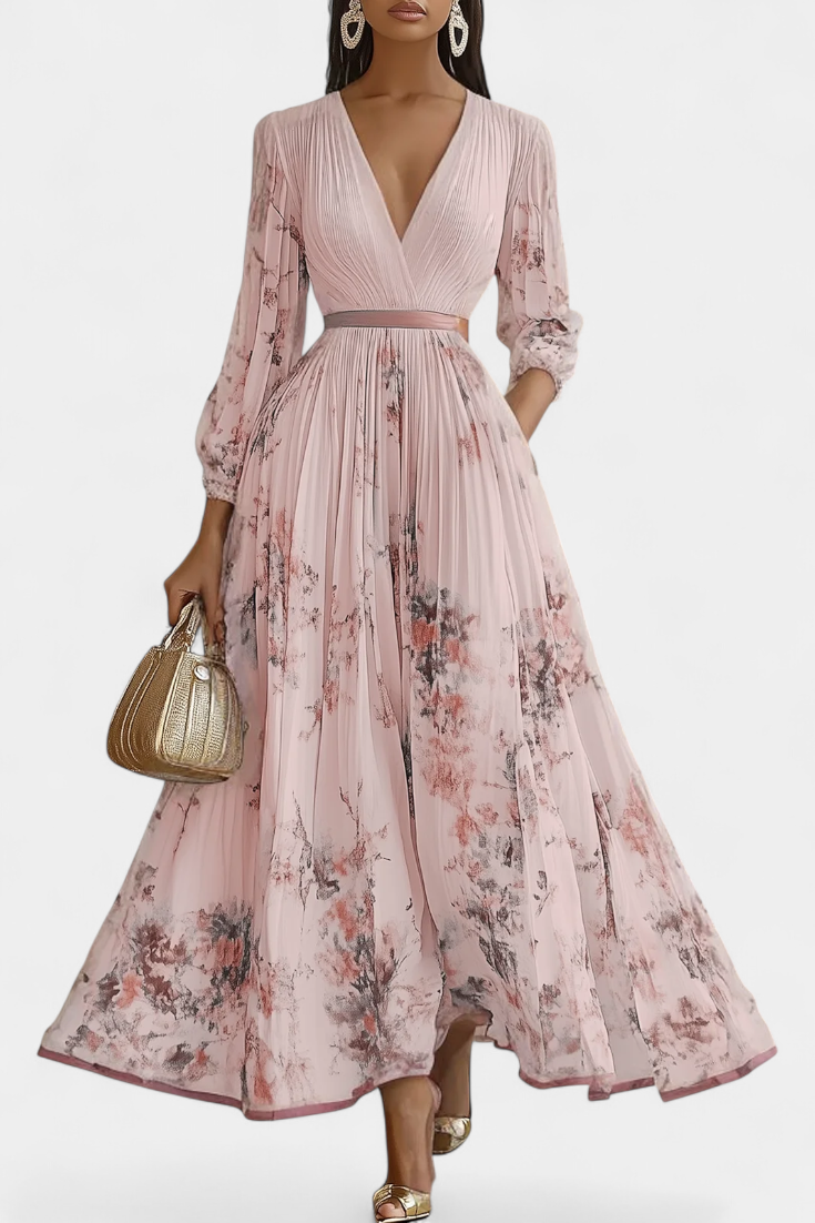 Robe Longue en Mousseline Plissée Phaedra avec Manches Bouffantes